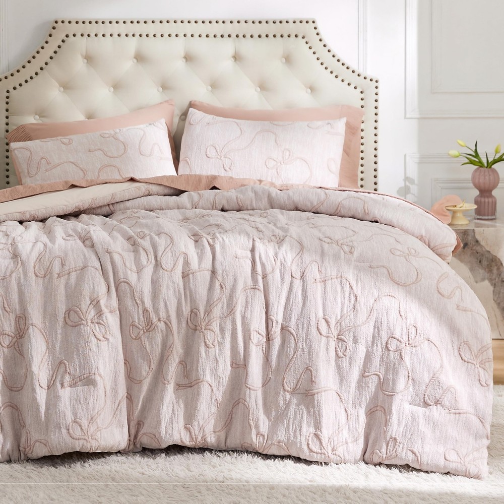 Bedsure Pink Comforter Set Queen, GentleSoft™ 3 Pieces Breathable Bow Comf