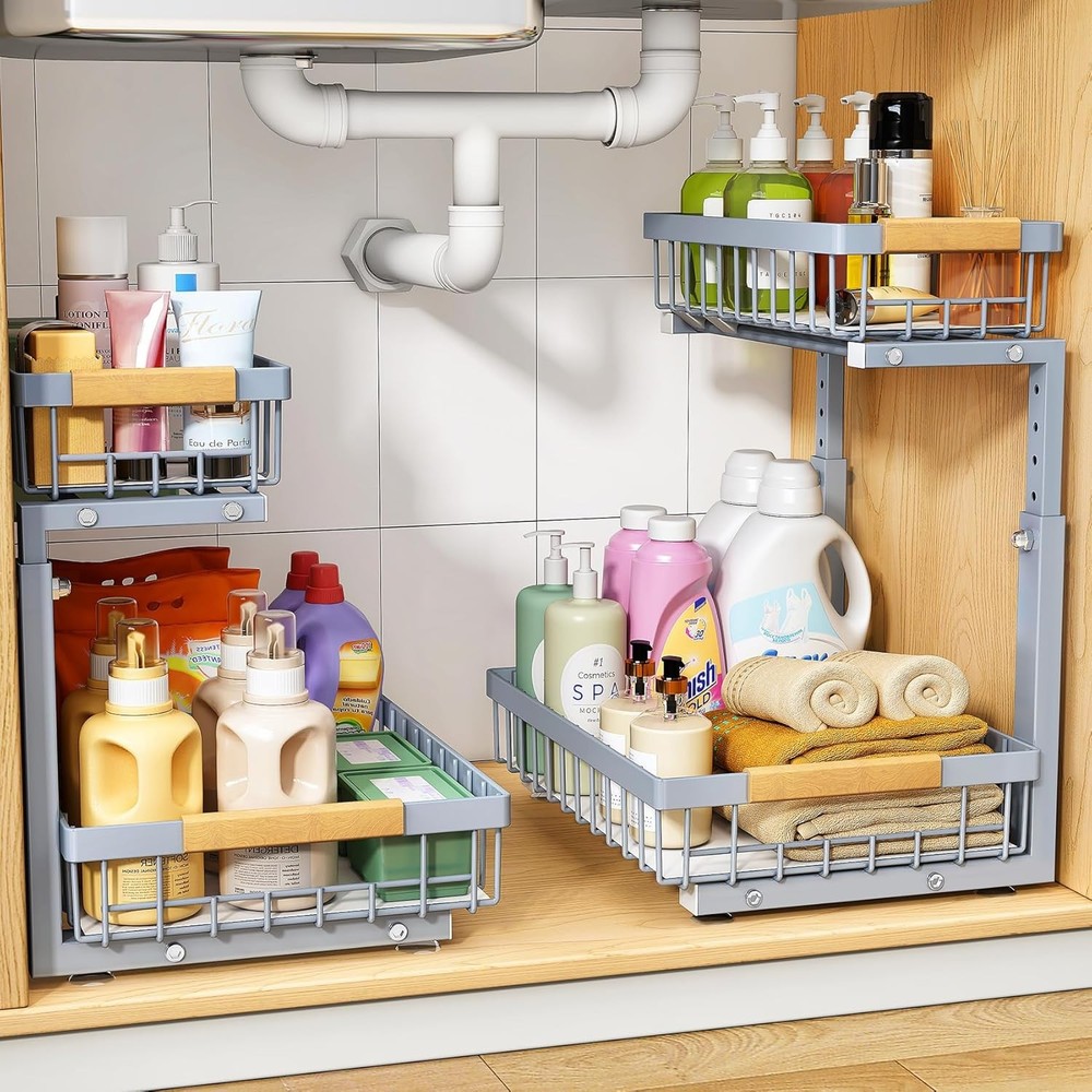 Under Sink Organizer Adjustable Height 2 Tier Pull Out Under Cabinet Organizer