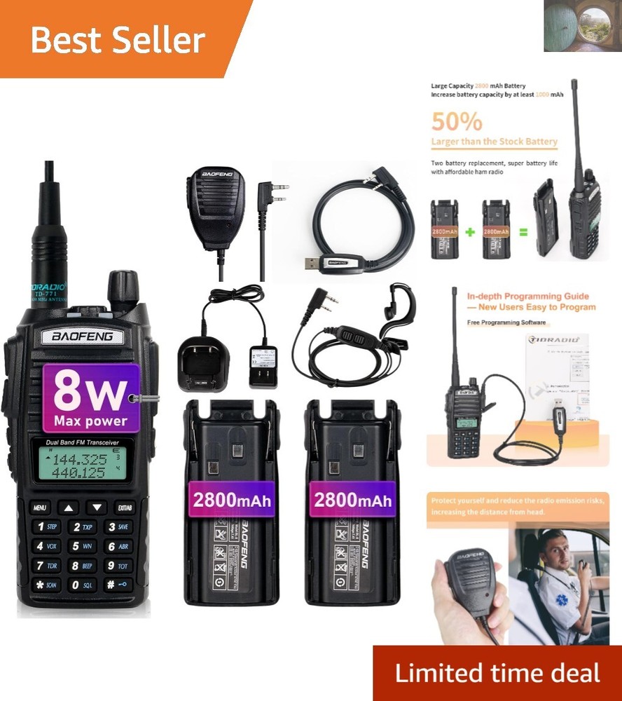 Long Range UV-82 Handheld Walkie Talkie with Speaker Mic & USB Programming Cable