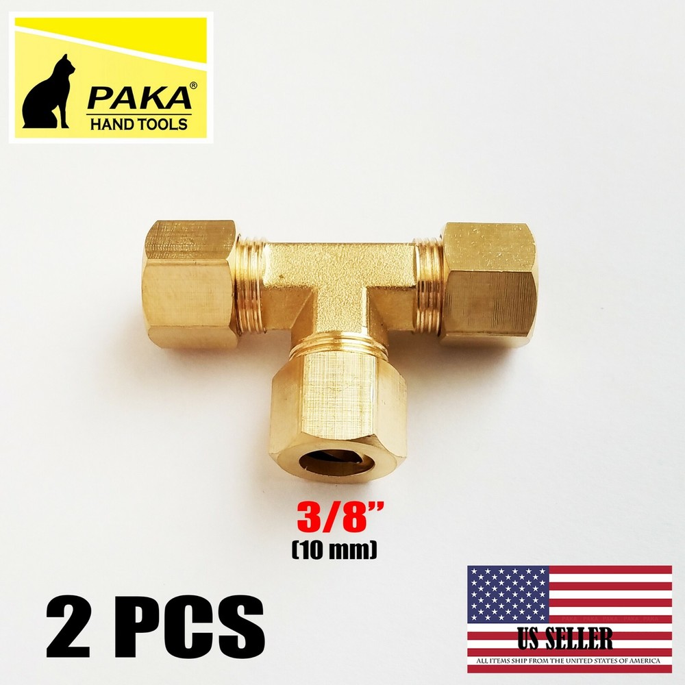 2 PCS – 3/8" (10 MM) Brass Compression Fitting Tee Union
