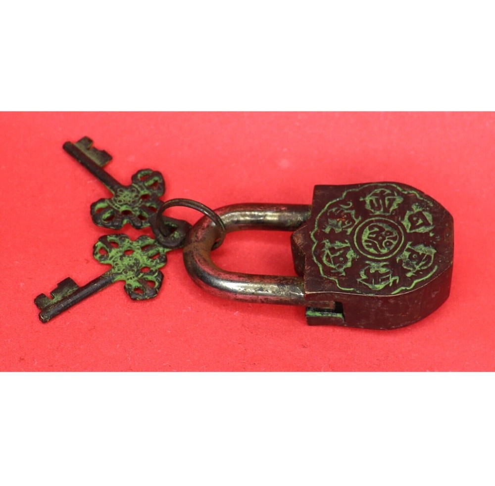 Devil Face Engraved Lock Antique Style Brass Handcrafted Padlock & Working Keys
