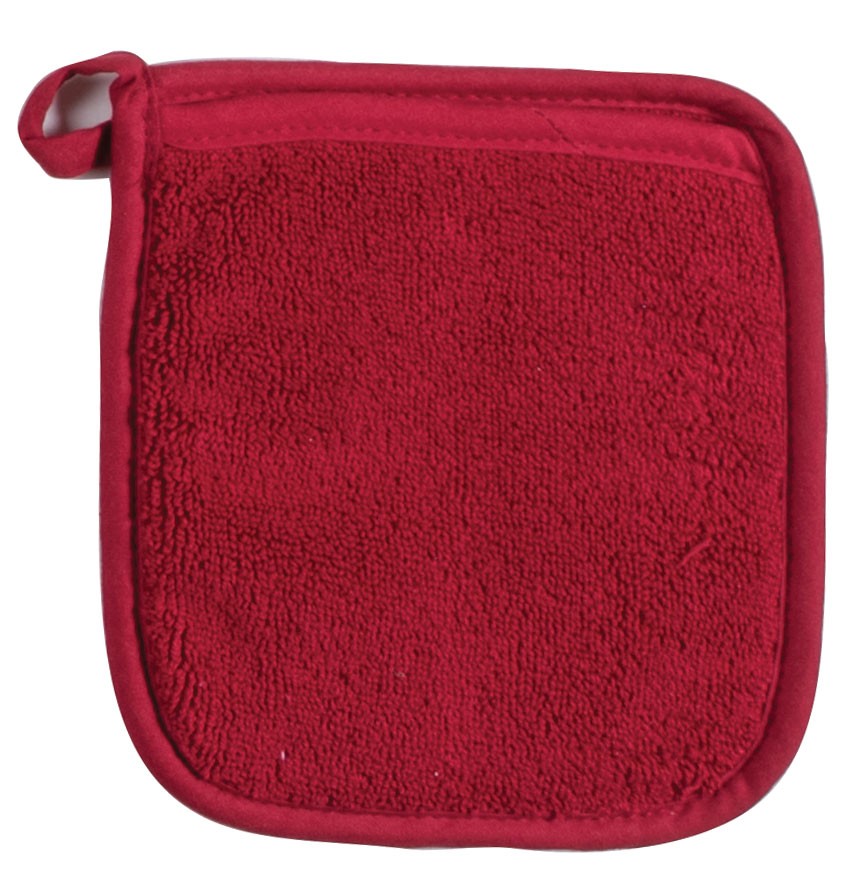 4 Piece Cinnabar Red Kitchen Set, Windowpane Towel and Solid Potholder
