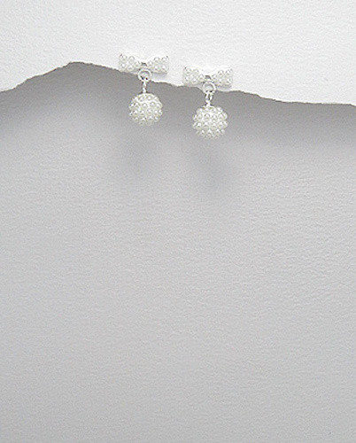 Solid Sterling Silver Seed Pearl Bow 14mm Dangle Earrings Cute