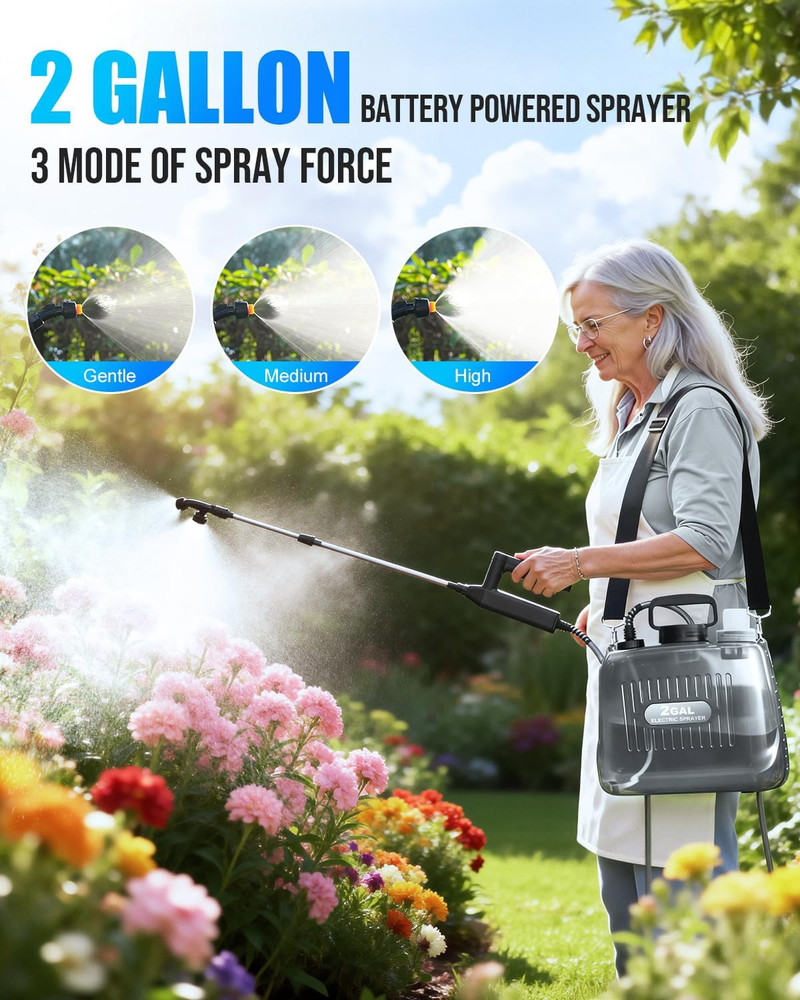 2-Gallon Battery-Powered Electric Sprayer with Adjustable Pressure & Nozzles