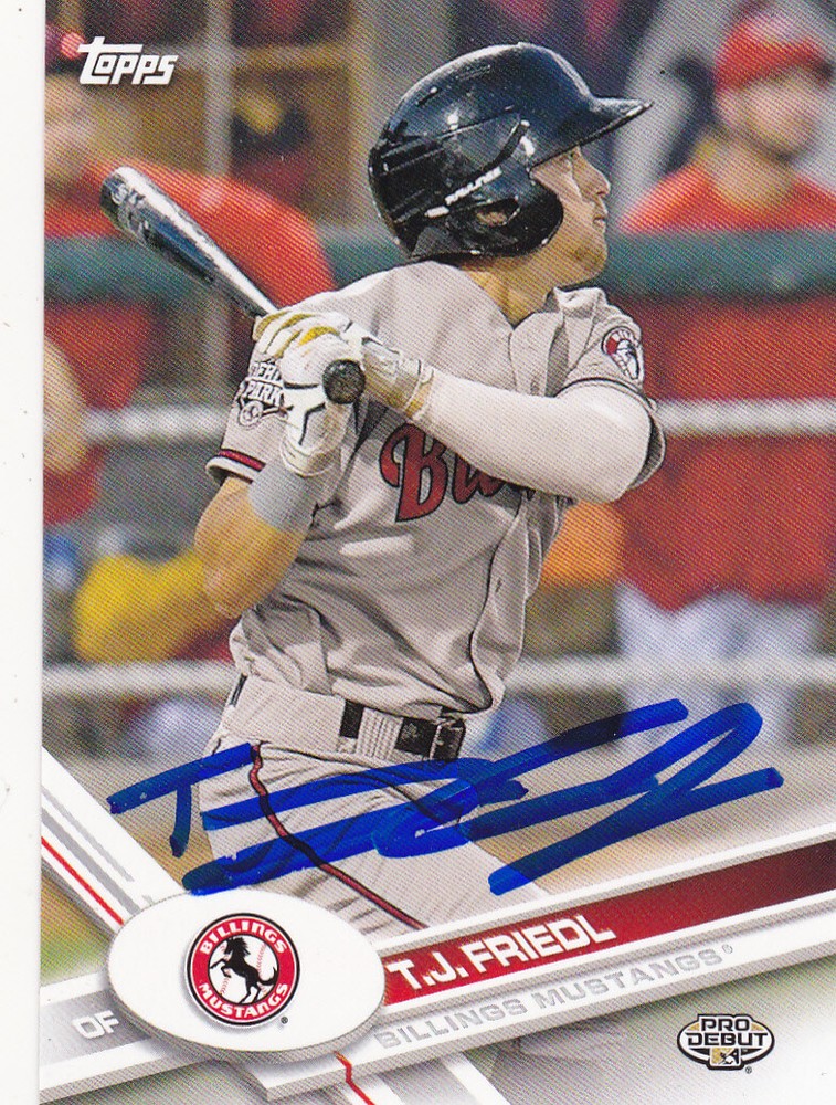 T.J. FRIEDL BILLINGS MUSTANGS SIGNED 2017 TOPPS PRO DEBUT CARD CINCINNATI REDS
