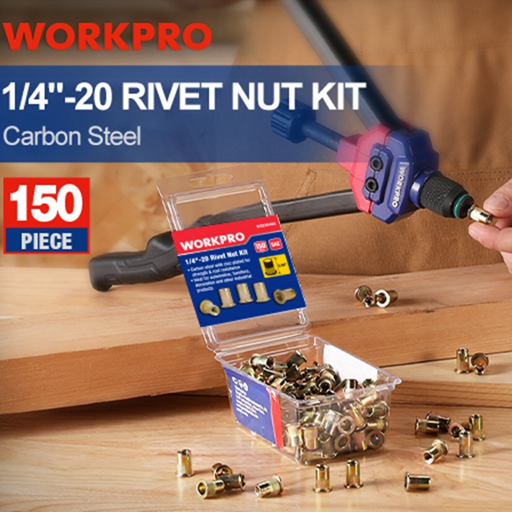 WORKPRO 150PC Rivet Nut 1/4"-20 Rivnut Zinc Plated Flat Head Threaded Insert Nut