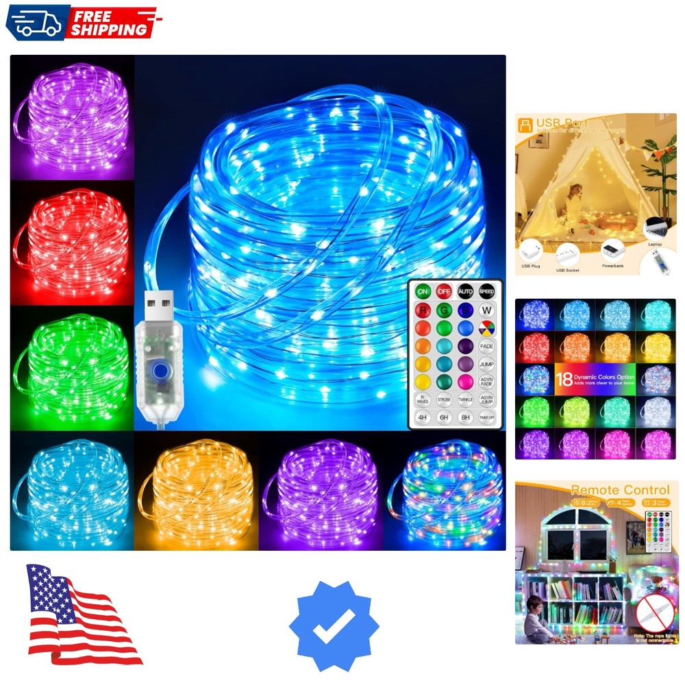 USB Rope Lights Indoor Color Changing, 33FT 100 LED String Lights with Remote...