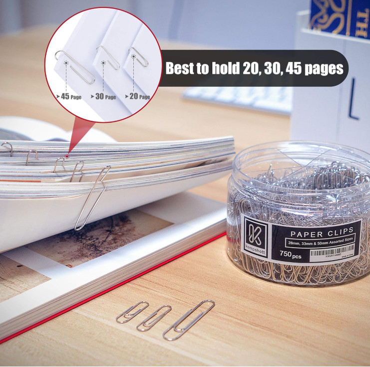 750 Paper Clips Assorted Sizes Small, Medium and Large Sizes, Silver