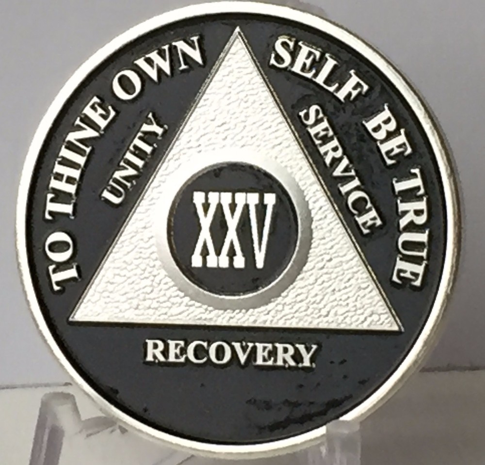 Black & Silver Plated 25 Year AA Chip Alcoholics Anonymous Medallion Twenty Five