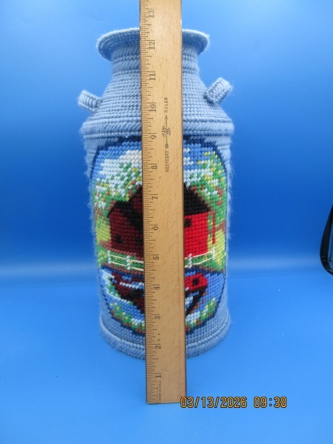 Plastic Canvas Milk Jug Light Blue with Rustic Barn Scene Hand Made