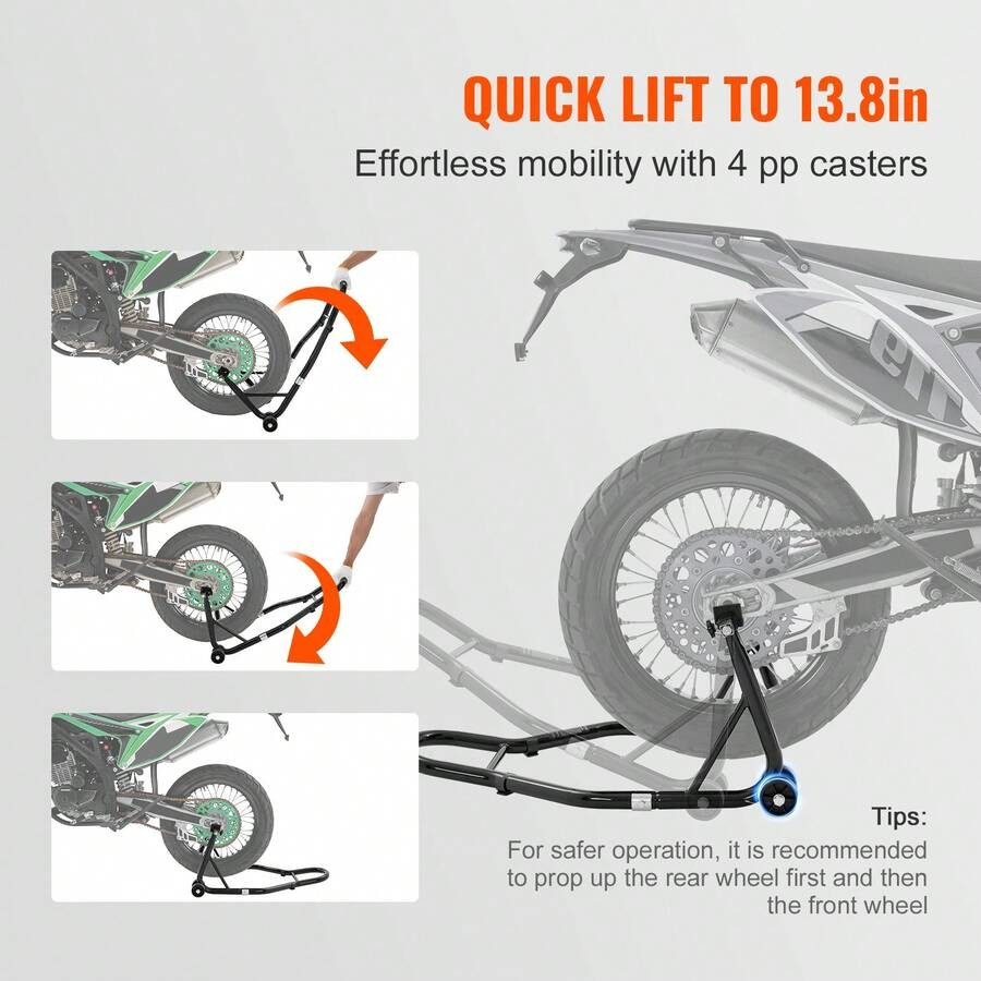 Motorcycle rear wheel bracket, 850 lbs load capacity, black.