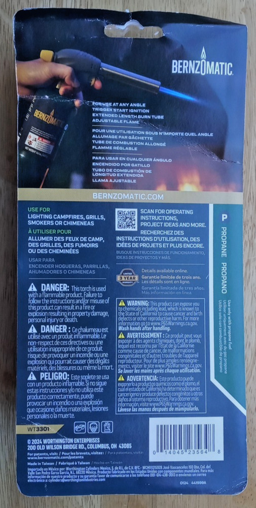 Bernzomatic Quickfire Firestarter Propane Torch WT3301 New Damaged Package