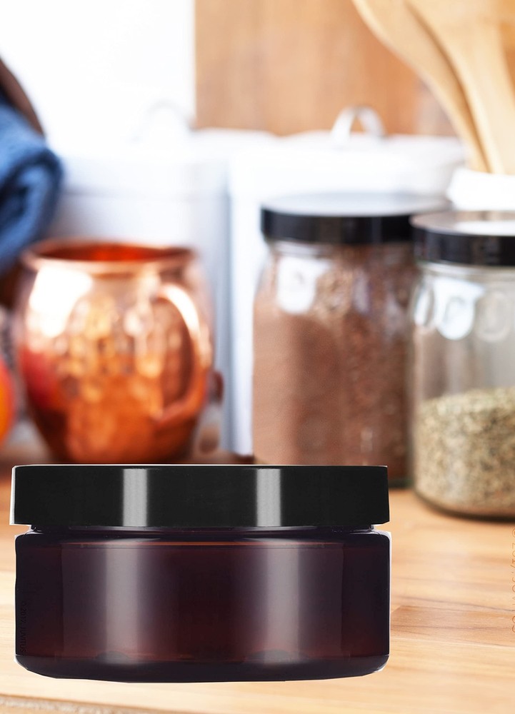 8 oz Amber Plastic Refillable Low Profile Jar with Black Lid 6 Pack