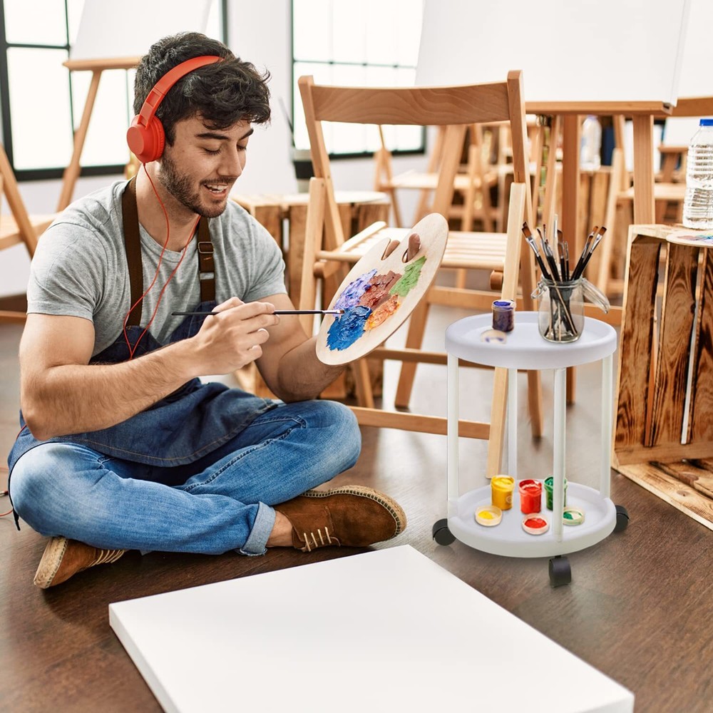 Evelyne White Mini Rolling Craft Side Double Deck Desk Portable End Table