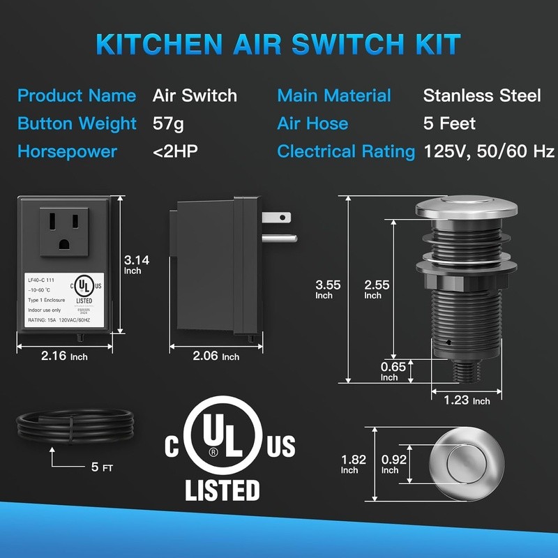 Garbage Disposal Air Switch Kit UL Certified Easy Install Universal Safe Durable