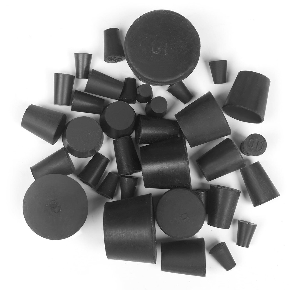 34 Pack Solid Rubber Stoppers, 13 Assorted Sizes, 000# - 10# Black Tapered La...