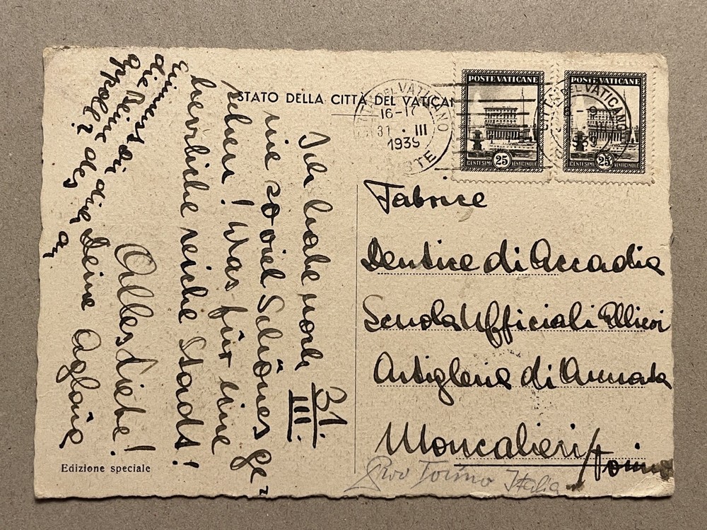 M) Vatican postcard 1939 for Moncalieri