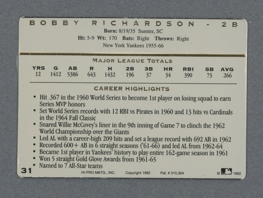 Bobby Richardson Signed 1992 Action Packed Card #31 with B&E Hologram