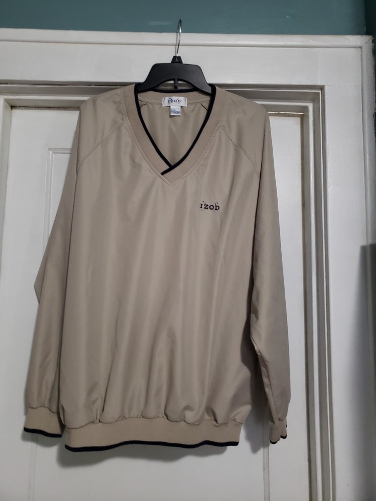 Izod Golf V Neck Windbreaker Pullover Top, Khaki/navy, Size Large