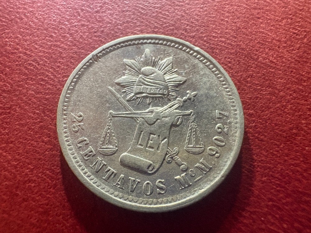 1871 Mo M 25 Centavos Mexico Silver Cap & Rays XF Better Date