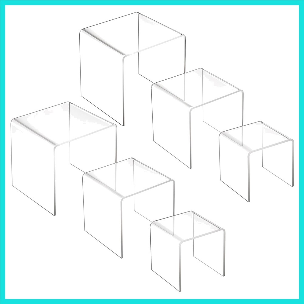 6 Pcs Clear Acrylic Risers Display Stands 0.2" Thick 2 Sets Square 3-Tier Ris...