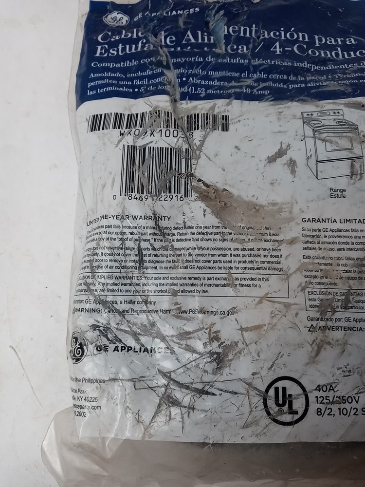 GE WX09X10038 (5FT)' 4-WIRE 40 AMP RANGE CORD