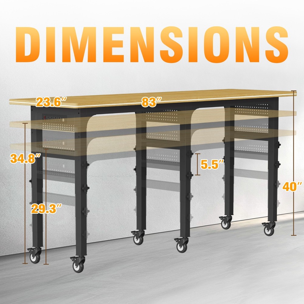Adjustable Workbench, Work Benches for Garage with Pegboard and Power Outlet