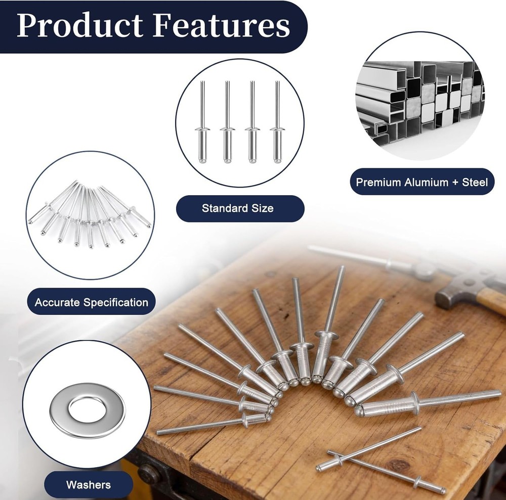 Comprehensive Aluminum Pop Rivets Assortment Kit - 14 Sizes with Washers