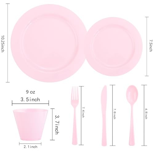 150 Pieces Pink Plastic Plates Disposable - Pink Dinnerware Set Solid Pink