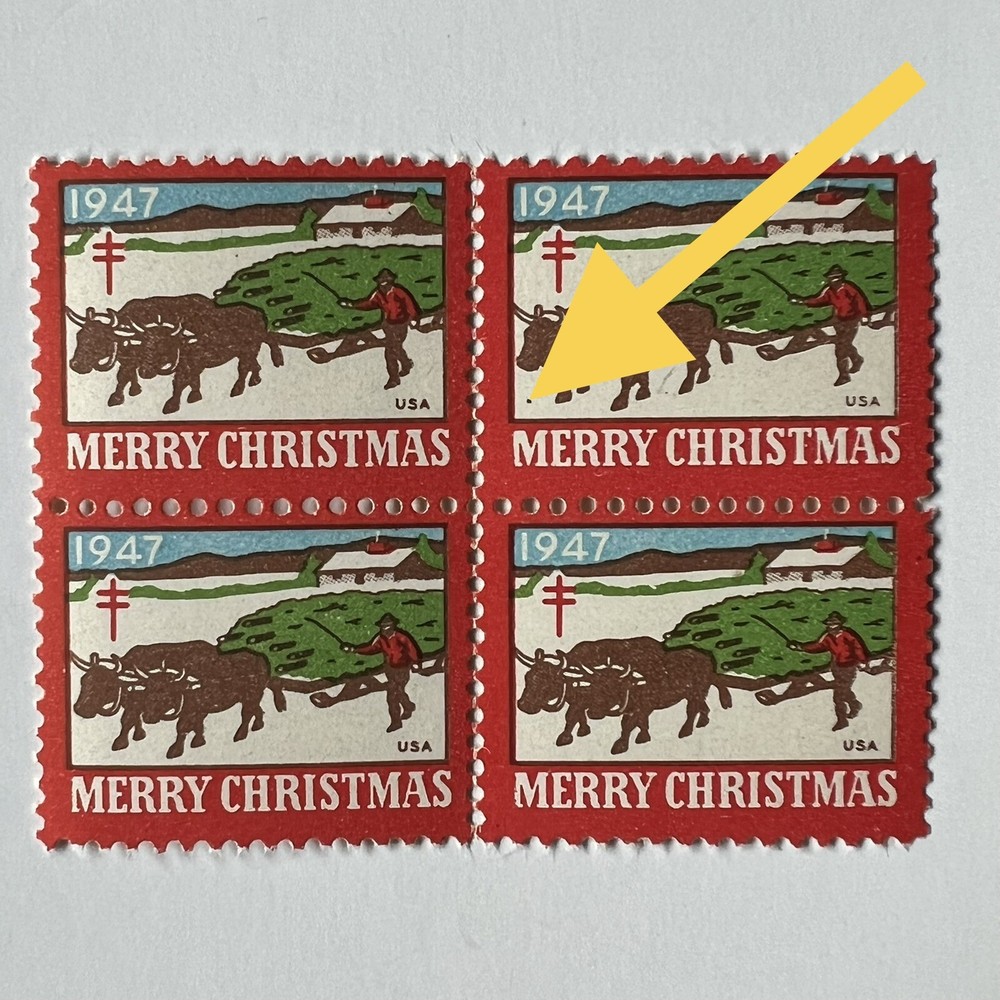 ERROR 1947 CHRISTMAS SEAL BLOCK WITH DOT UNDER OX HEAD MNH
