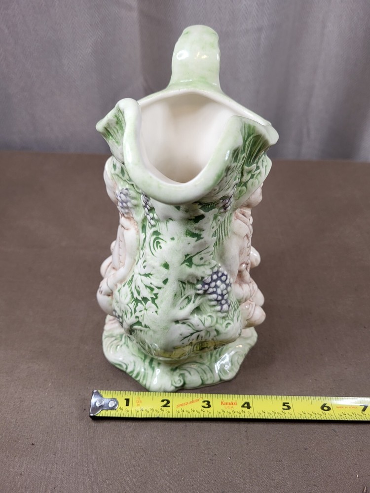 Vintage Ceramic Pitcher w Raised Figures & Grape Vines Artist Signed & Dated
