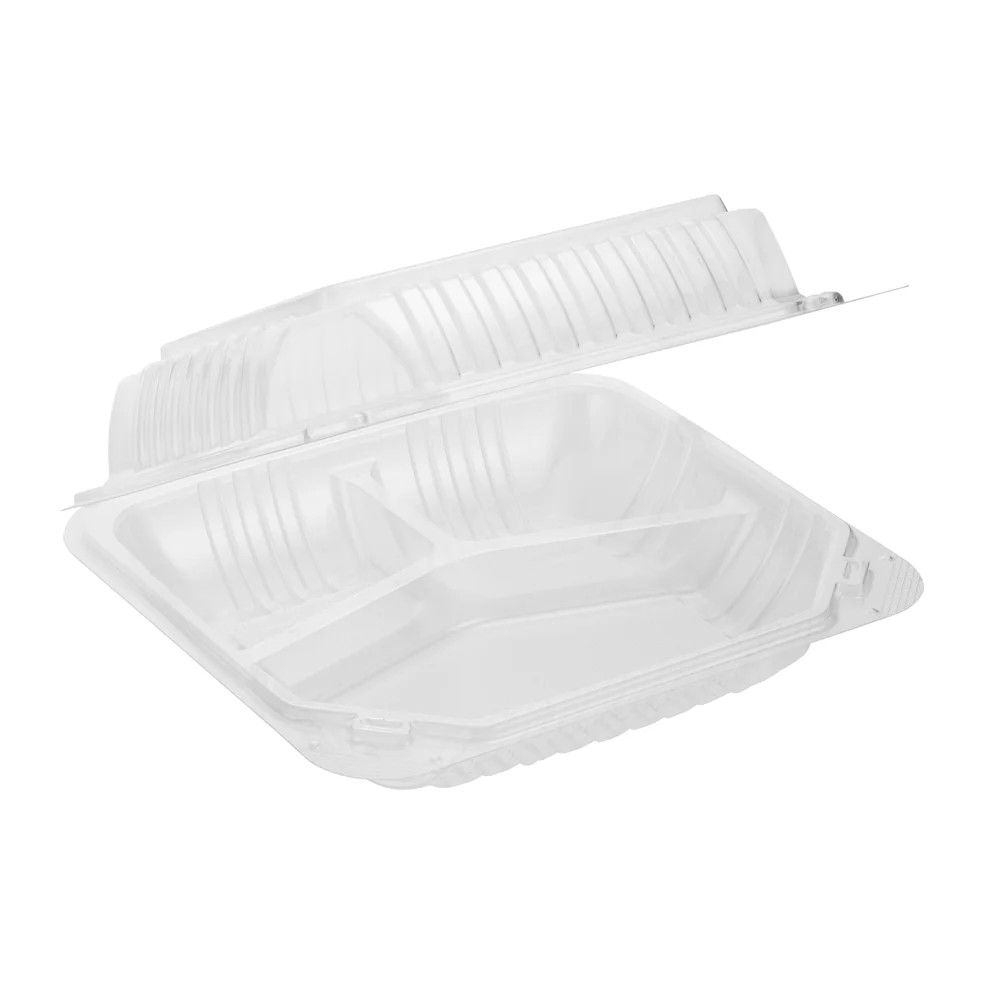 PP Hinged Container 8x8", 3 Comp, Translucent, Vented, 150pc (150/1)