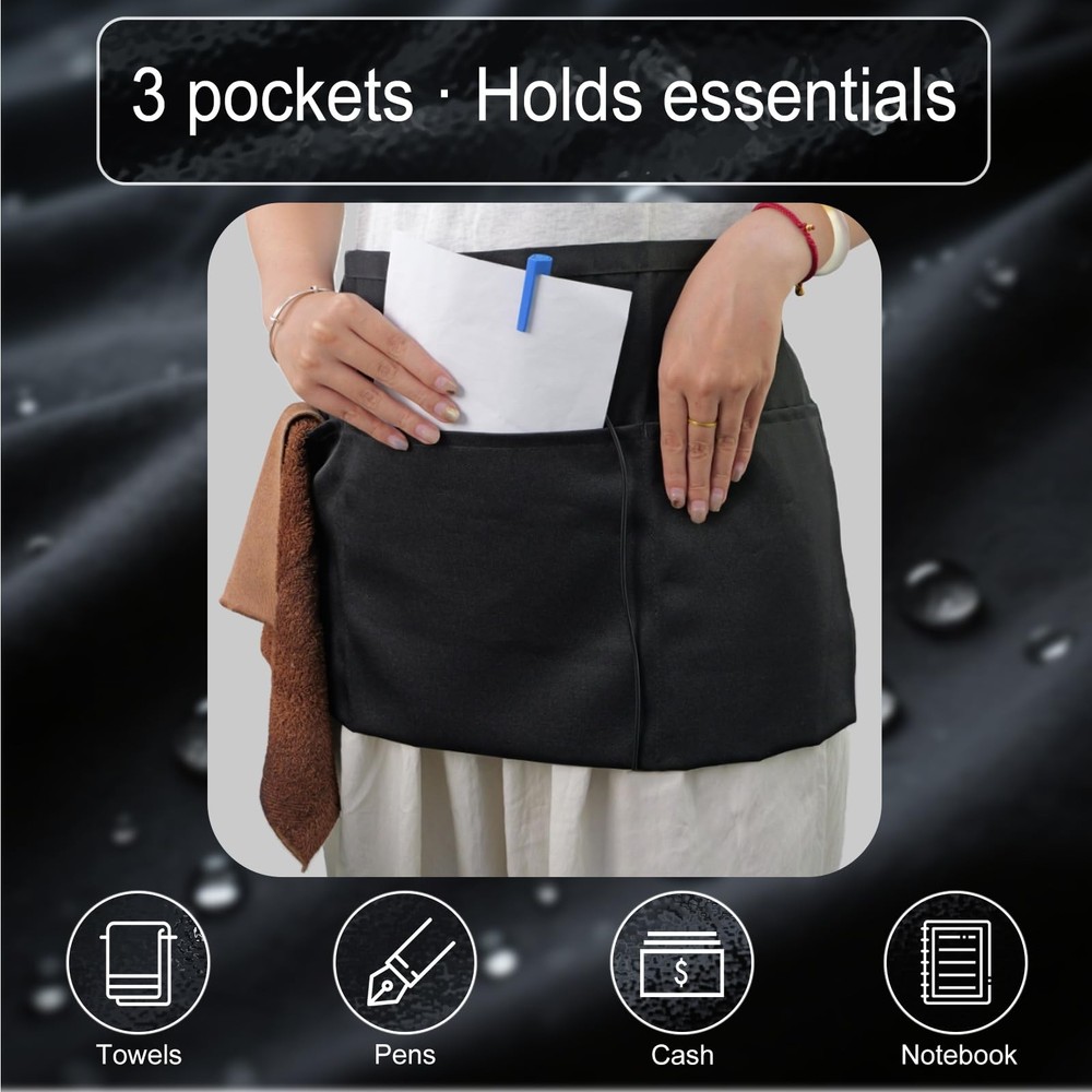 2-Pack Server Apron - Waist Half Aprons for Waitress with 3 Pockets, Black Short