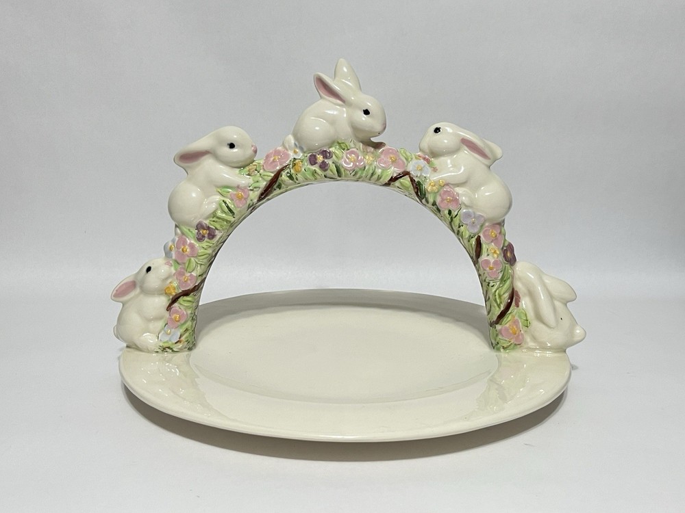 Vintage Ceramic Easter Bunny Arch Candy or Cookie Plate Dish