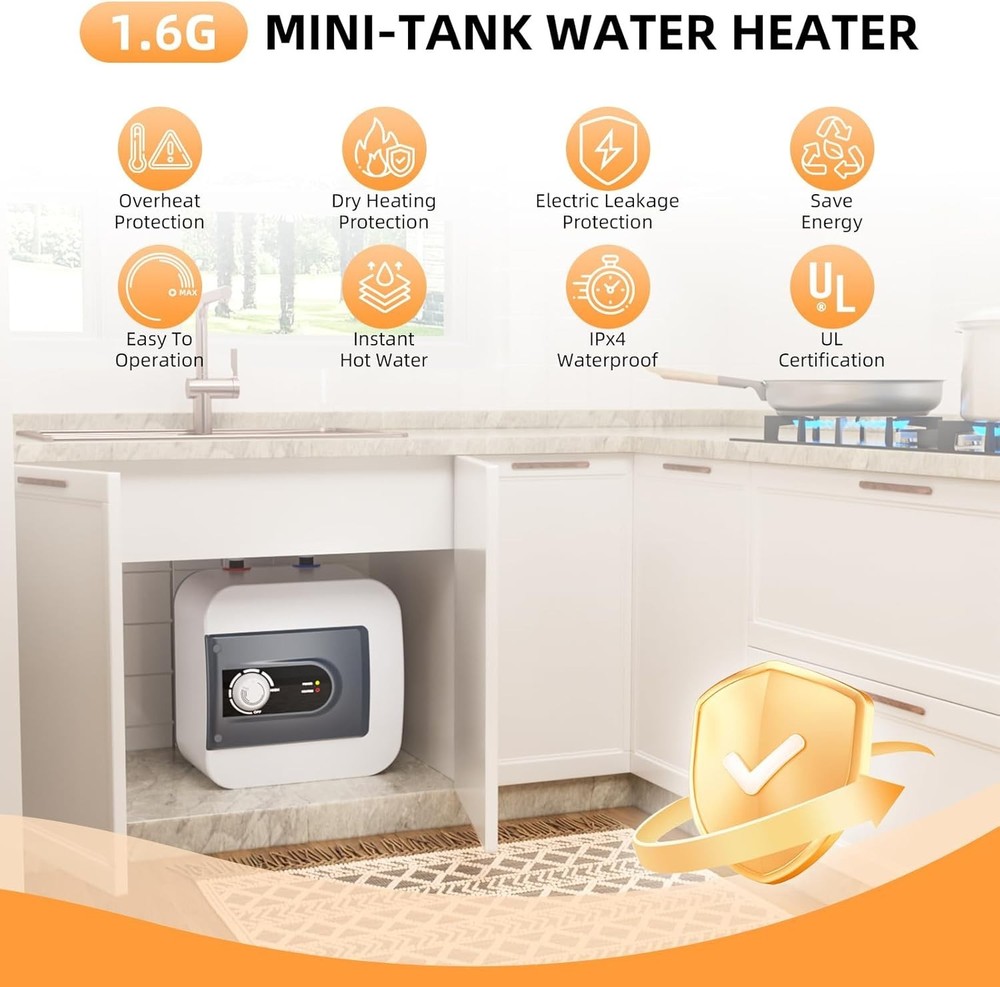 Electric Mini Tank Water Heater, 1.6Gallon Under Sink On Demand Hot Water Heater