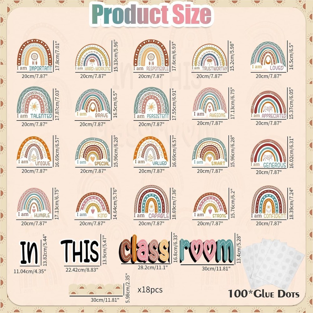 Bulletin Board Decorations, Boho Classroom Decor Set, 43 Pack Boho Rainbow Mo...