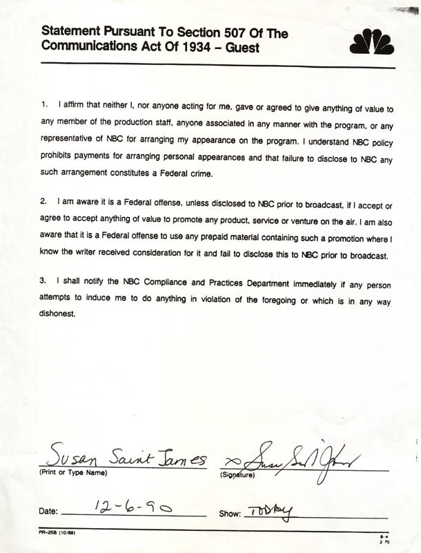 SUSAN SAINT JAMES - DOCUMENT SIGNED 12/06/1990