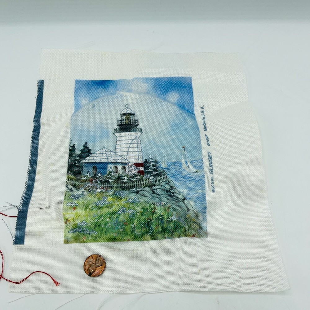 1997 Sunset Needlepoint Canvas Lighthouse 7.5" x 5" Started