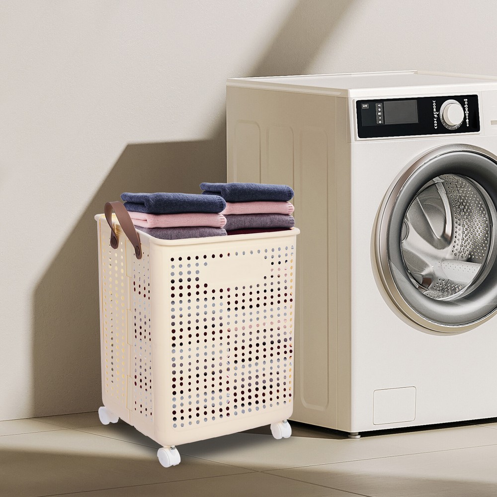 30kg Collapsible Laundry Hamper, Foldable Rolling Laundry Basket With Wheels