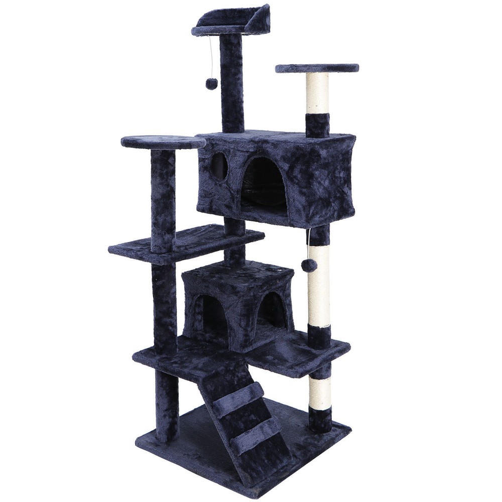 53" Sturdy Cat Tree Cando Tower Activity Kitty Multilevel with Padded Perch Blue