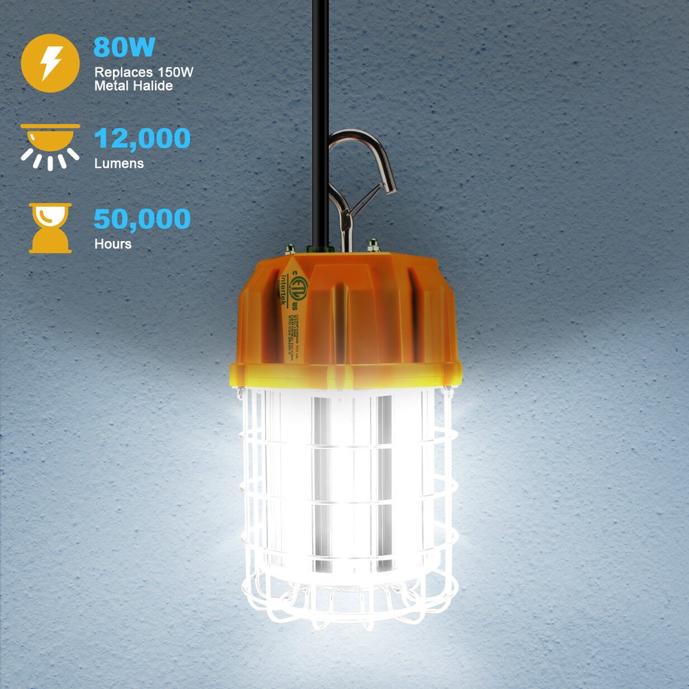 80W LED Temporary Work Light Fixture 100-277VAC High Bay Construction Work Light