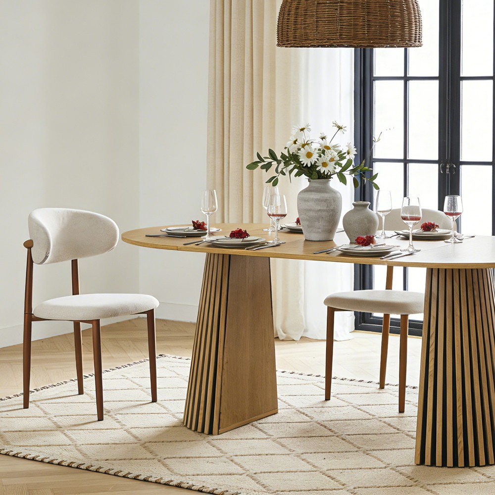 Solid Wood Extendable Dining Table Set with 2 Rattan Chairs, Beige Cushions