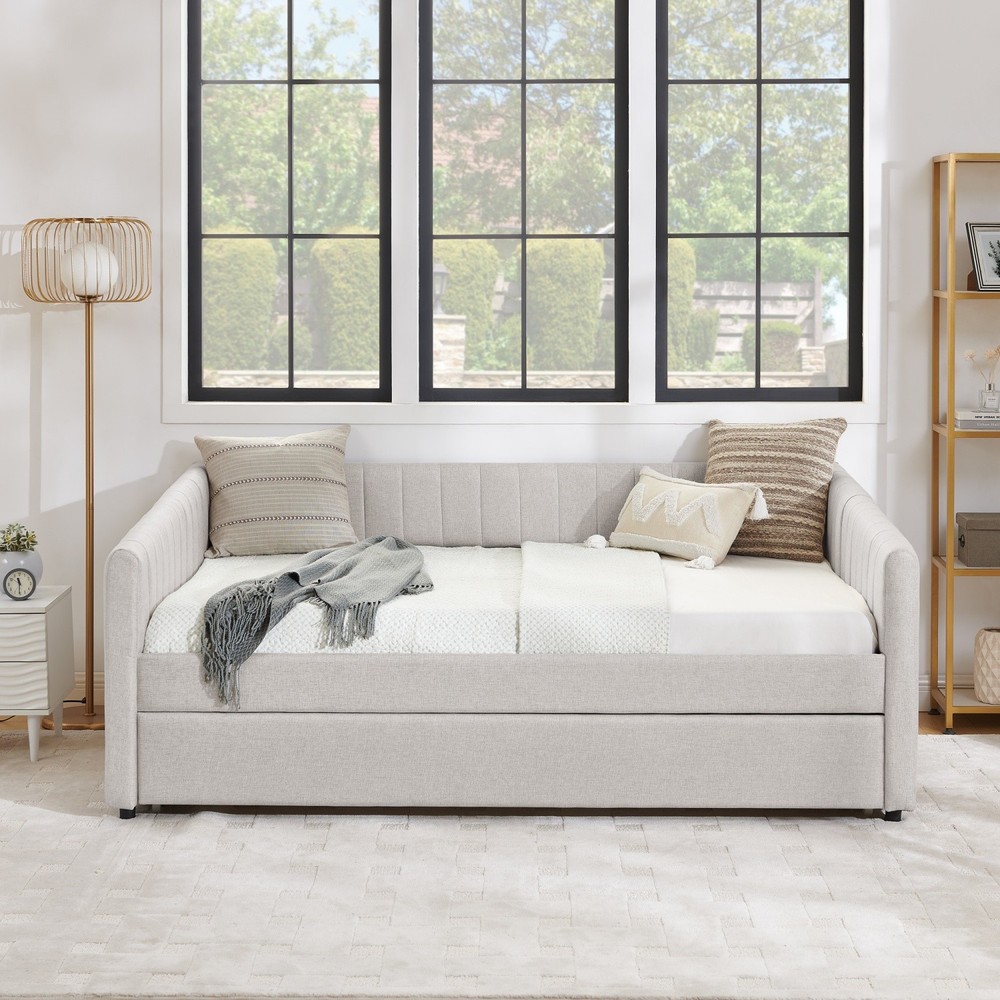 Full Daybed Modern Linen Upholstered Bed Frame Sofa Bed w/ Pull-Out Trundle