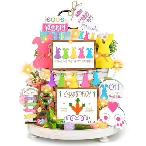 15 Pcs Easter Spring Tiered Tray Decor Set Wooden Table Sign Easter Bunny