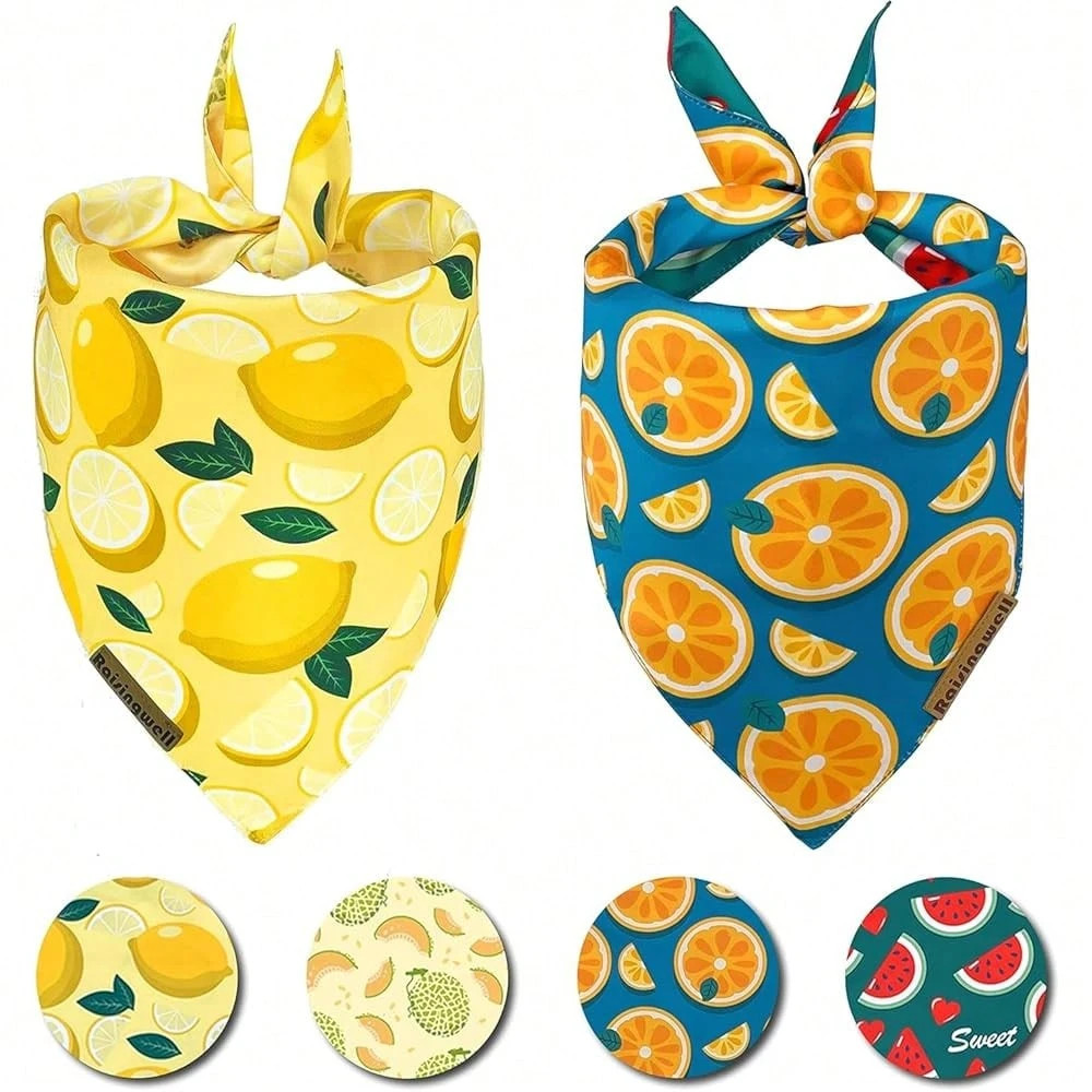 Cute Fruit Dog Bandanas 2 Pack, 4 Patterns Watermelon Lemon Orange Melon, Summer
