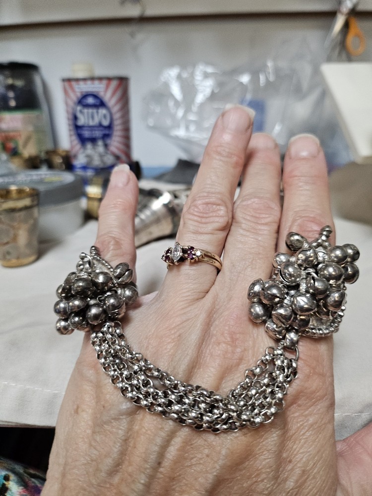 Sterling Silver Adjustable Toe & Finger Ring, chain connected.