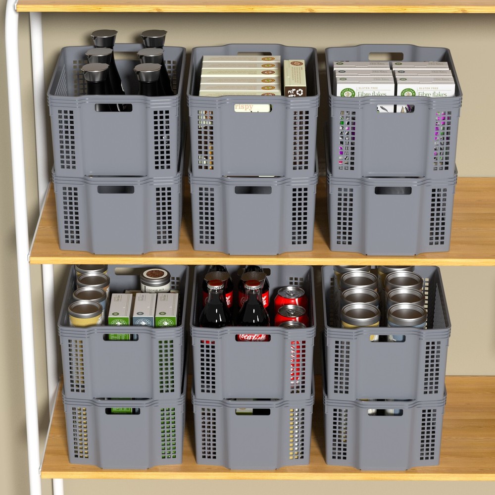 12-Pack Plastic Deep Stacking Baskets, Large Plastic Cupboard Baskets, Grey