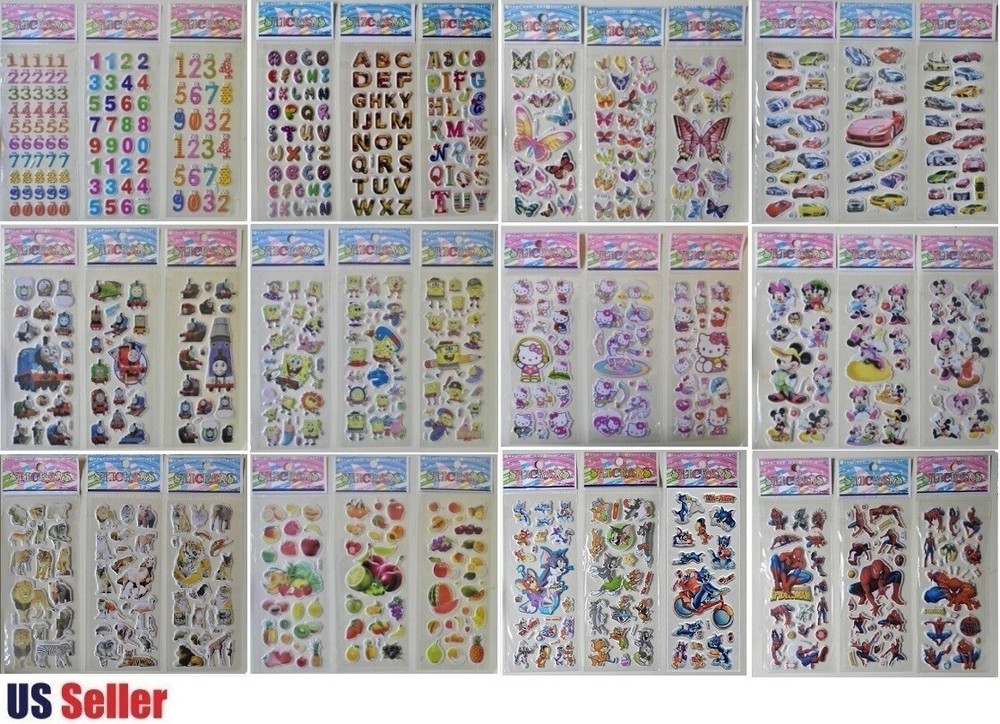 12-Sheets/Set Kids 3D Puffy Reusable Stickers Decals