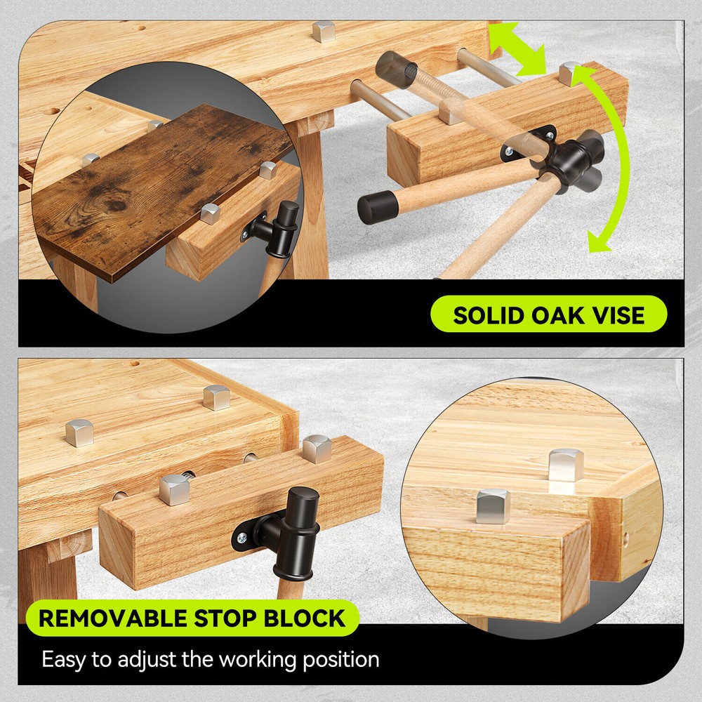 Solid Rubber Wood Workbench Work Desk w/ Drawer + Open Space + Adjustable Handle
