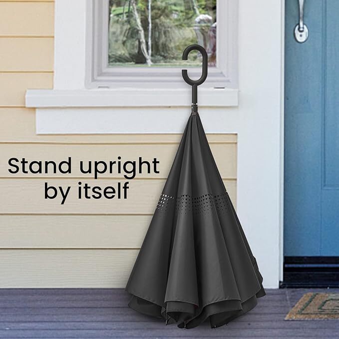 Large Inverted Reverse Umbrella with C-Shaped Handle, Windproof Double Layer Ups